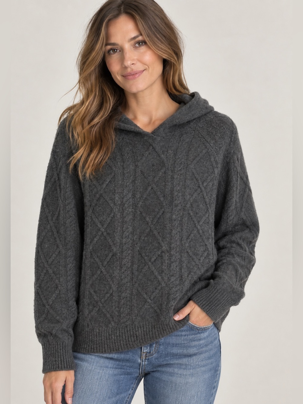 The Cashmere Project 100% Cashmere Hooded Cable Knit Sweater M